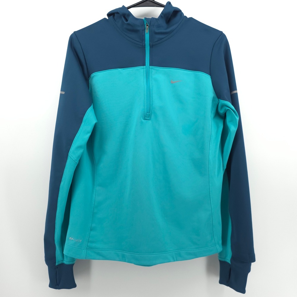 Nike Dri-FIT Women Running Half Zip Hoodie Size M Teal Navy Blue Activewear